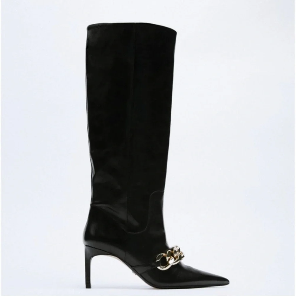Zara Heeled Leather Knee High Boots With Chain Detail - Picture 5 of 16
